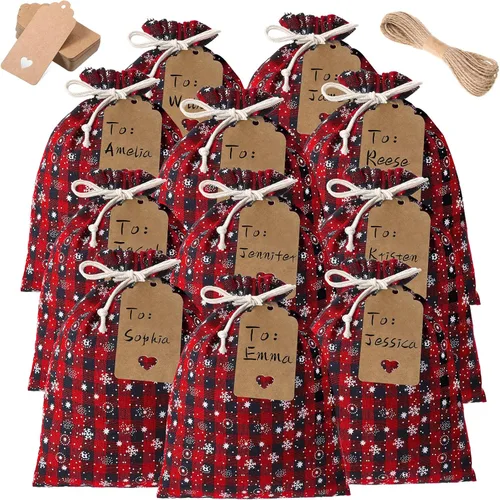 Vista 9 de Shappy 48 bolsas navideñas con cordón ajustable, bolsas de dulces de arpillera a cuadros búfalo de Navidad, saco de golosinas de lino, bolsa