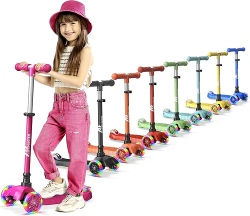 Vista 9 de Lifemaster Mini 3-Wheel Kids Scooter with Multi-Color Wheel Lights – 4-Height Adjustable Handlebar, Wide Anti-Slip Deck, Child Safety Certified