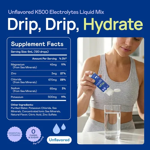 Vista 2 de Hi-Lyte K500 - Mezcla líquida de electrolitos, sin sabor, 20 porciones 500mg Potassium, Zero Sugar, No Stevia, Non-GMO, Vegan, Gluten-Free, No