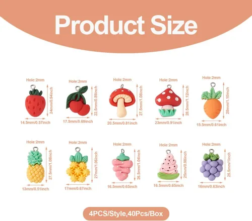 Vista 2 de Mega Pet 40 dijes de resina de frutas y verduras, fresa, piña, uva, cereza, resina, hongos, zanahoria, para bricolaje, collares, pulseras, aretes