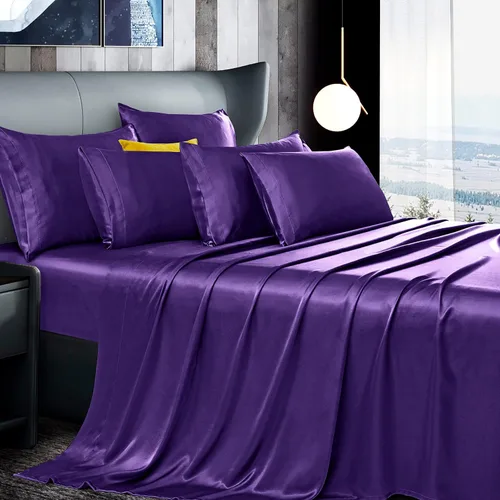 Vista 12 de Manyshofu Juego de sábanas de satén negro de 7 piezas, ropa de cama lujosa y suave de satén, 1 sábana bajera, 1 sábana encimera, 4 fundas