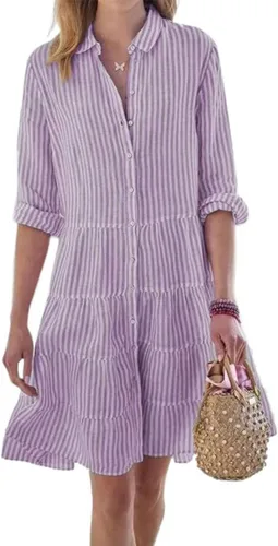 Vista 9 de utcoco Vestido camisero a rayas con botones para mujer, casual, holgado, con puños, manga larga, vestidos largos Azul