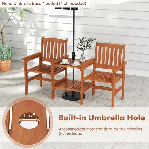 Vista 6 de RELAX4LIFE Sofá de dos plazas para exteriores con mesa integrada, sillas de patio de madera con mesa central y agujero para paraguas, banco