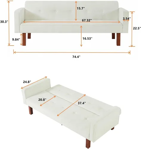 Vista 2 de Sofá cama de tela moderna, sofá cama convertible con 2 almohadas y reposabrazos, sofá reclinable plegable de 75 pulgadas con patas de madera maciza