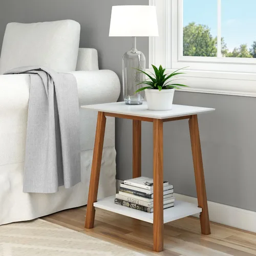 Vista 9 de Plank+Beam Mesa auxiliar de madera con almacenamiento, mesas auxiliares modernas de mediados de siglo para sala de estar, mesita de noche pequeña