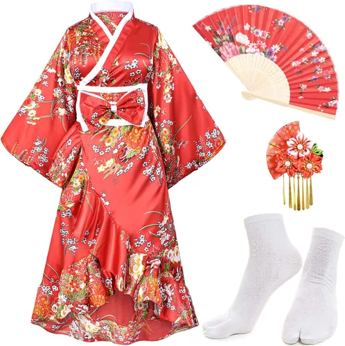 Vista 2 de Elibelle Kimono para mujer Geisha Yukata Sweet Tuxedo Ruffle Dress Blossom Satin Bathrobe Sleep Fan Tabi Socks Set