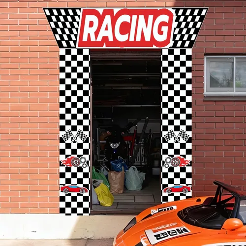 Vista 4 de Decoraciones para fiestas de autos de carreras, 3 piezas con temática de carreras, banderas a cuadros, para colgar en cabina de fotos de cumpleaños
