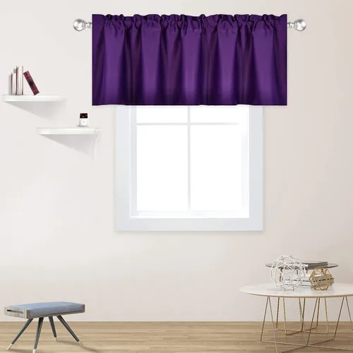 Vista 8 de DECOVSUN Cenefa morada para ventanas de 60 x 18 pulgadas, aislamiento térmico sólido, bolsillo para cortinero, cenefa corta para cocina, cenefa