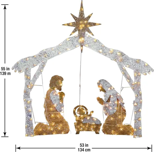 Vista 3 de National Tree Company Decoración navideña artificial preiluminada - Incluye mini luces LED blancas preencordadas y estacas para el suelo - Natividad