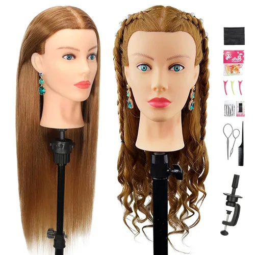 Vista 11 de Cabeza de maniquí de cabello humano, 80% cabello real, maniquí para cosmetología, con soporte de trípode para práctica de peinado, trenzado y Ámbar