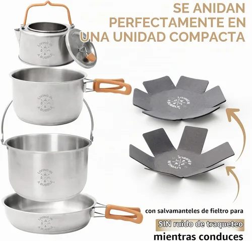 Vista 4 de Living in a Bubble Juego de cocina de acero inoxidable prémium de 7 piezas, acero inoxidable unido de tres capas, asas ergonómicas con funda