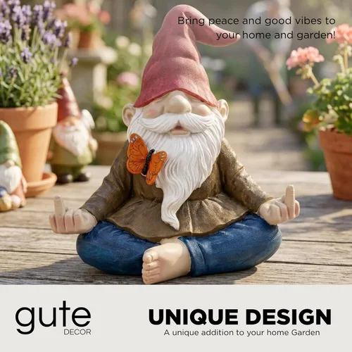 Vista 3 de Gran estatua de gnomo de jardín zen meditante, figura de dedo medio Naughty Angry Namaste de 9.5 pulgadas, divertida decoración de césped al aire