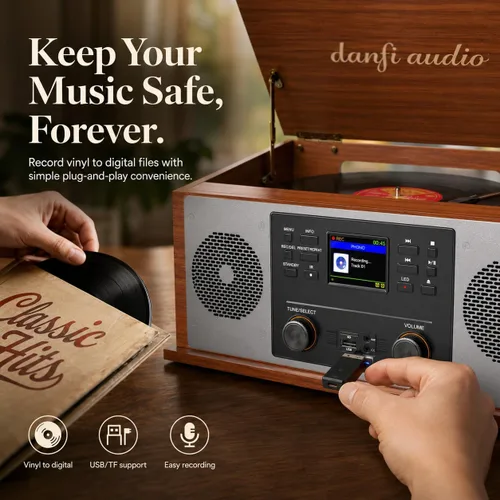 Vista 3 de Reproductor de discos multimedia 10 en 1 con altavoces, reproductor de CD, receptor Bluetooth, radio por Internet, grabación USB, tocadiscos de 3