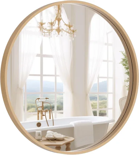 Vista 8 de WallBeyond Espejo redondo negro de madera de 24 pulgadas, espejo de pared circular para baño, espejo de pared redondo para decoración de pared