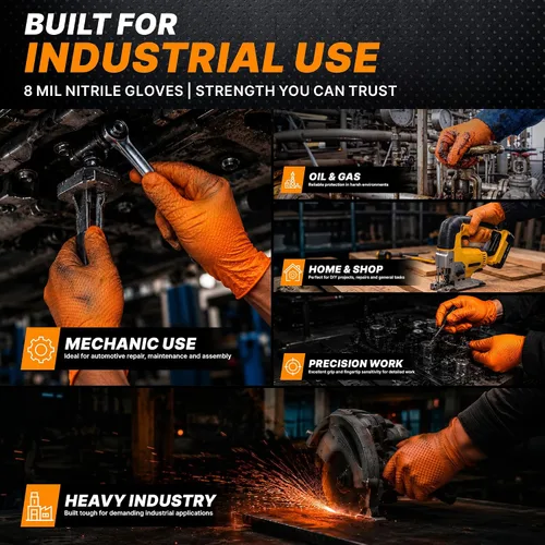 Vista 6 de TitanFlex Heavy Duty Orange Industrial Nitrile Gloves with Raised Diamond Texture, Latex Free (6mil/8mil)