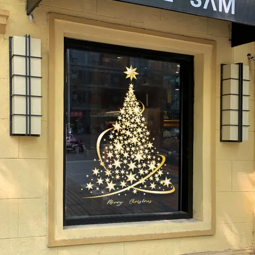 Vista 4 de Cityhermit Calcomanías de Árbol de Navidad para Ventanas de Vidrio, Calcomanías Estáticas Extra Grandes Doradas para Ventanas de Navidad, Calcomanía