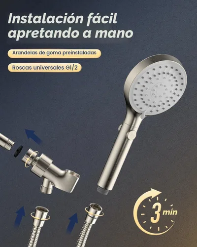 Vista 7 de FASDUNT Cabezal de ducha con mano, cabezal de ducha de mano de alta presión con manguera de acero inoxidable extra larga de 80 pulgadas y soporte