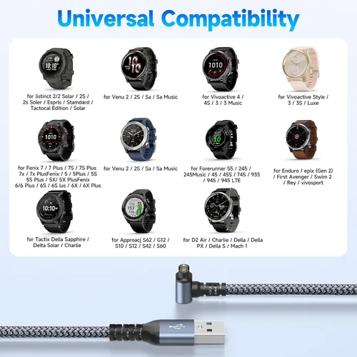 Vista 7 de Garmin - Cable cargador para reloj en ángulo recto, carga rápida, nailon trenzado, 4 pies Para Fenix 5/5S/5X/6/6S/6X/Plus/Pro/7/7S/7X/8, Gris