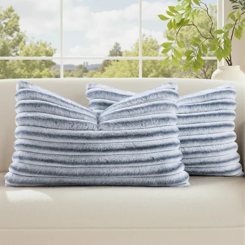 Vista 61 de decorUhome Fundas de almohada de piel sintética, juego de 2, decorativas, afelpadas, suaves, afelpadas, a rayas, parte posterior de terciopelo
