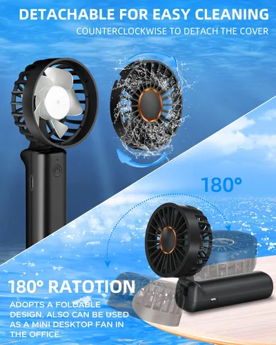Vista 4 de Ventilador de mano portátil, mini ventilador de escritorio plegable de 2000 mAh, rotación de 180°, 3 velocidades, ultra silencioso, hasta 8 horas