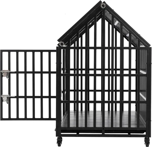 Vista 6 de Jaula para perros de 52 pulgadas resistente con 2 sartenes de plástico extraíbles, perrera grande con 4 ruedas bloqueables, jaula de metal