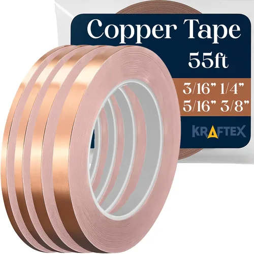 Vista 10 de Kraftex Cinta de cobre de 1/2 pulgada x 66 pies. Cinta de lámina de cobre para soldadura de vitrales con adhesivo conductor. Gran blindaje