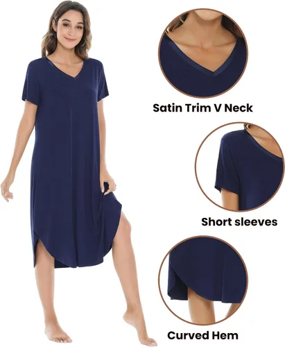Vista 4 de NACHILA Camisones para mujer, viscosa hecha de bambú, cuello en V, manga corta, ropa de dormir fresca