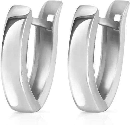 Vista 2 de Galaxy Gold GG Pendientes Huggie ovalados lisos de oro blanco macizo de 14 k, Metal Gema