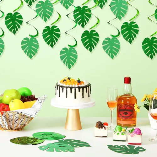 Vista 7 de Ireer 64 piezas hawaianas Luau para fiesta, hojas de palmera, remolinos, colgantes, hojas con purpurina, hojas verdes, tropicales, safari, selva