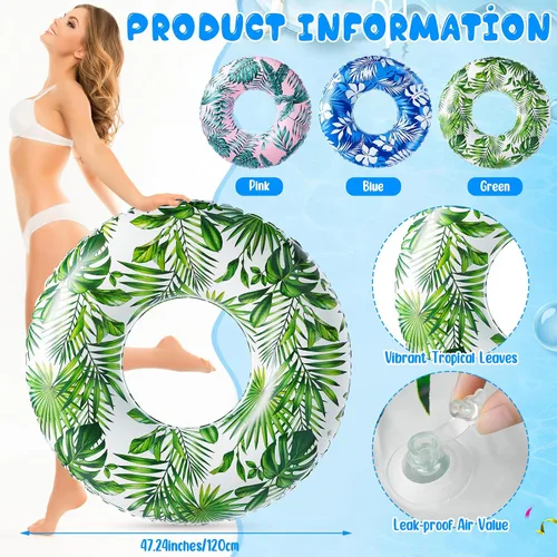 Vista 2 de Simgoing 3 piezas de flotadores grandes de piscina para adultos de 47.24 pulgadas inflables de hojas tropicales de tubo flotante jumbo anillos