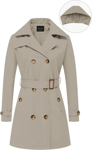 Vista 7 de CREATMO US Gabardina para mujer con doble botonadura clásica con solapa, con cinturón y capucha desmontable Albaricoque