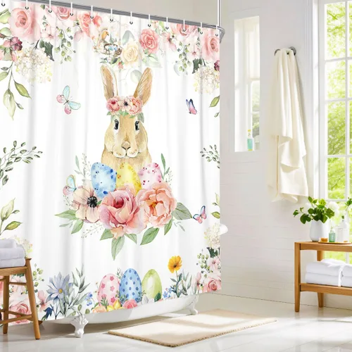 Vista 10 de Wathon Bonita cortina de ducha de conejo de Pascua, juego de decoración de baño con mariposa floral, tela de tela, juego de decoración de baño