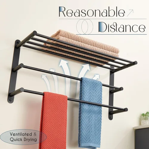 Vista 7 de KOKOSIRI Toallero doble con repisa, toallero de 3 niveles con toallero individual, toallero de baño, organizador de almacenamiento de acero Negro