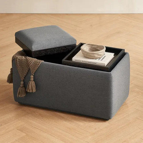 Vista 19 de mopio Levi - Otomana de almacenamiento con bandeja reversible, mesa de centro cuadrada tipo baúl moderna, otomana de taburetes tapizados