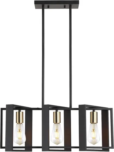 Vista 13 de 9MMML Lámpara de 3 luces para isla de cocina, lámpara de comedor negra, con marco de madera, para sala de estar, vestíbulo, entrada, pasillo, E26
