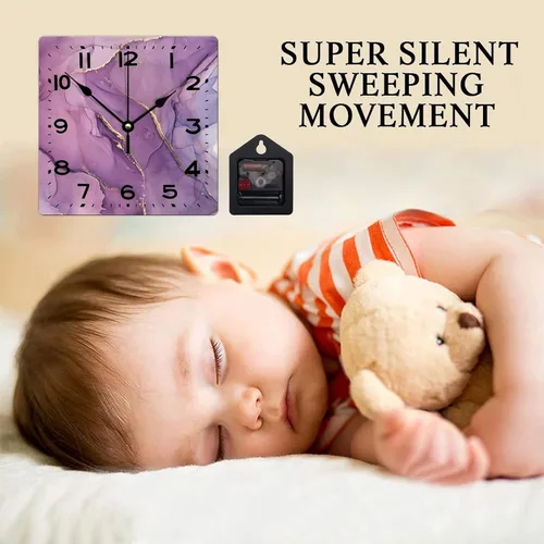 Vista 3 de Reloj de pared de madera de 15 pulgadas, funciona con pilas, digital morado y dorado con textura de purpurina cuadrada, reloj de pared