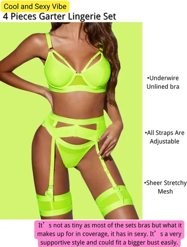 Vista 95 de Kaei&Shi - Lencería con liguero para mujer, conjunto de encaje traslúcido y sexy de 4 piezas combinadas