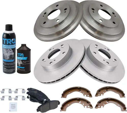 Vista 3 de TRQ Pastillas y rotor de freno delantero y trasero, kit de zapatas y tambores de cerámica premium con revestimiento G compatible con Honda Civic