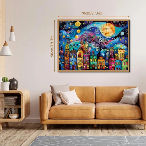 Vista 4 de Rompecabezas de casas coloridas para adultos de 1000 piezas, rompecabezas de paisaje nocturno de pueblo, rompecabezas abstracto de cielo estrellado