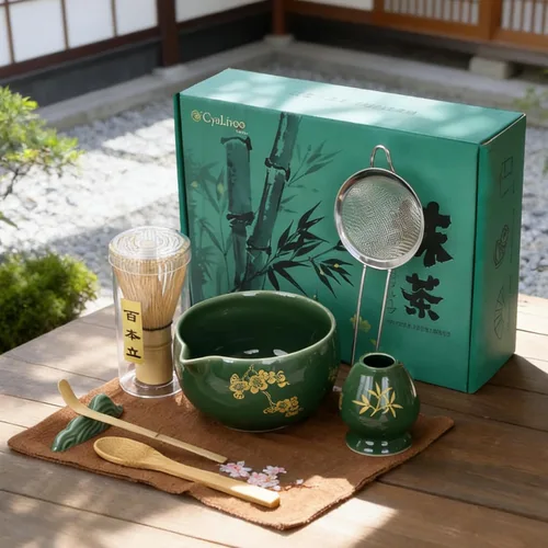 Vista 9 de Juego de batidor de matcha, 8 piezas de oro de flor de ciruelo para ceremonia de té japonesa, cuenco de cerámica con boquilla, batidor de bambú