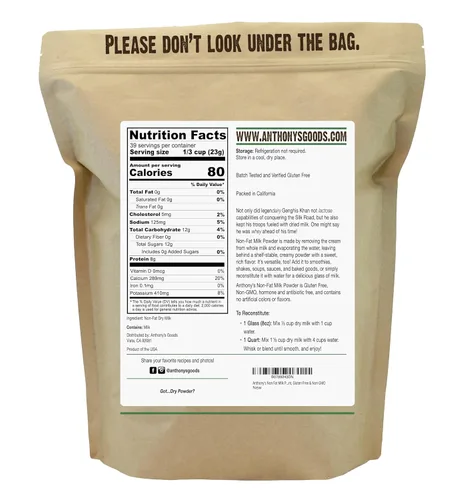 Vista 2 de Anthony's Leche en Polvo Sin Grasa, 2 lb, Instantánea, Sin Gluten y Sin OGM
