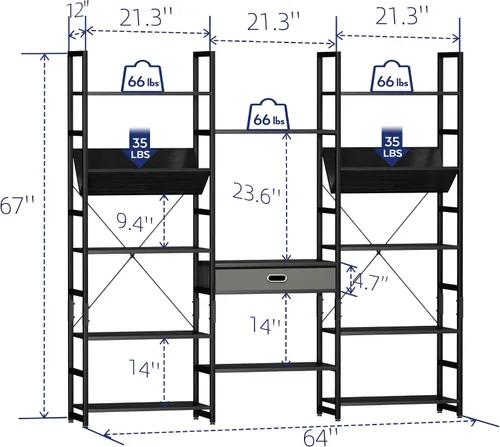 Vista 3 de NUMENN Estantería Triple Ancha de 5 Niveles, Estantes de Libros Ajustables de Estilo Industrial Rústico, Librerías y Estanterías Modernas Muebles
