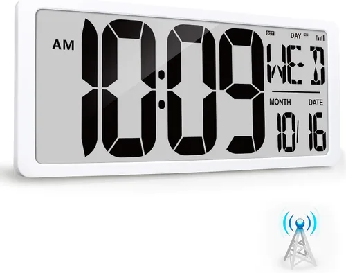 Vista 10 de Reloj Atómico 15" Reloj de Pared Digital Reloj de Pared Atómico Funciona con Pilas Reloj de Alarma Digital Grande con Día, Fecha y Temperatura