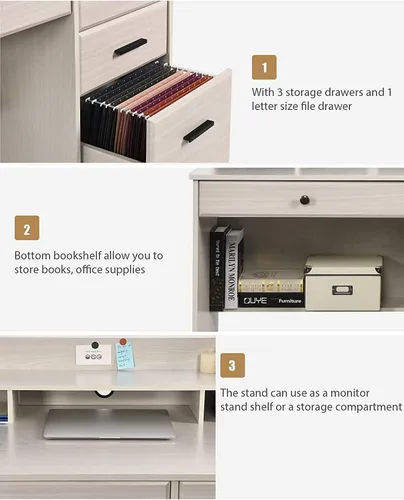 Vista 4 de Escritorio blanco para oficina en casa con 4 cajones y gabinete, mesa de computadora para dormitorio, blanco roto