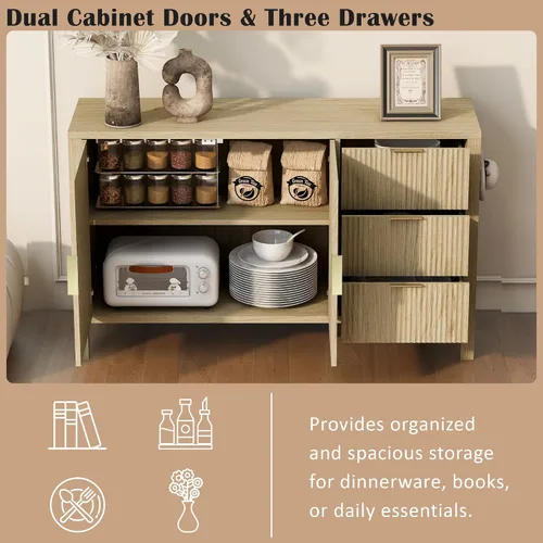 Vista 7 de HY_Modern Wave-Pattern Sideboard with 3 Drawers & 2 Doors - Storage Buffet Cabinet with Adjustable Hooks & Extra Center Leg for Living Room