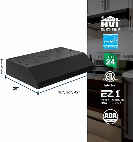 Vista 6 de Broan-NuTone Campana extractora negra de 30 pulgadas para debajo del gabinete, potencia silenciosa de confianza con 350 CFM, 1.5 Sones para una Negro