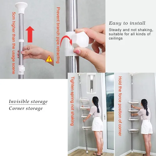 Vista 6 de Hershii Estante de ducha esquinero de 4 niveles con barra de tensión, organizador de estante de baño, estante de almacenamiento ajustable para baño