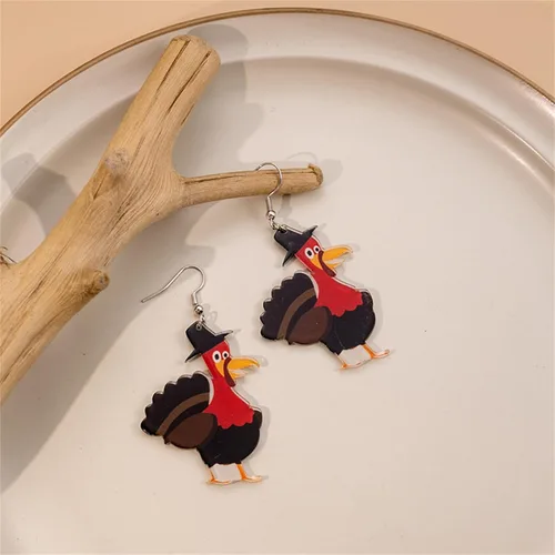 Vista 2 de Aretes acrílicos de pavo de Acción de Gracias para mujeres y niñas, lindos aretes colgantes de pollo de anime con sombrero de dibujos animados