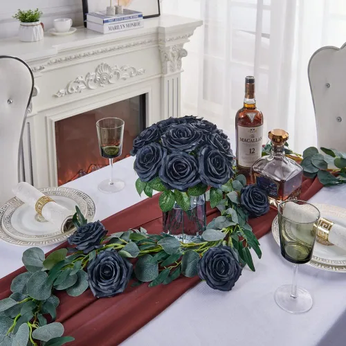 Vista 2 de Rosas artificiales, rosas artificiales, rosas artificiales de seda con tallos para ramos de boda, mesas de fiesta, centros de mesa, arreglos Negro