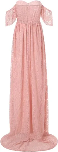 Vista 5 de Vestido de maternidad para mujer, con encaje, fotografía, vestido de embarazada, con volantes, largo, para sesión de fotos